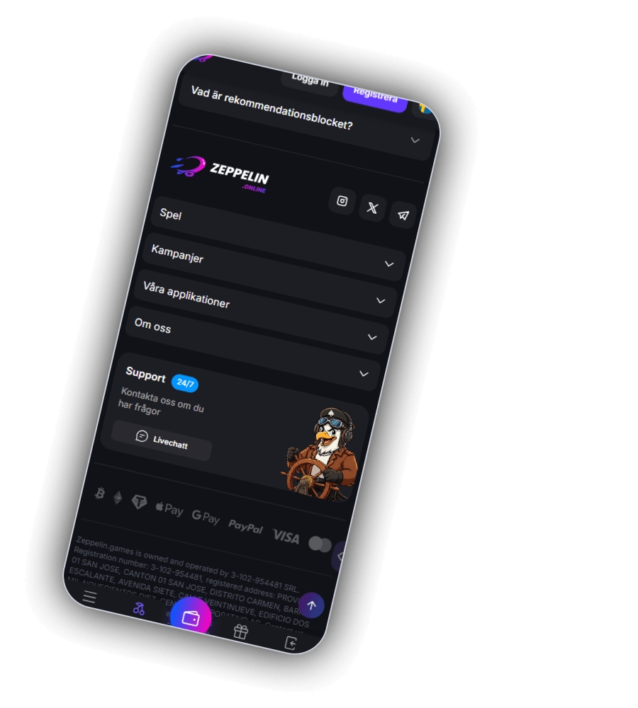 Zeppelins sidfot i mobilen med frågan Vad är rekommendationsblocket?, logotypen zeppelin.online, ikoner för Instagram, X och Telegram, menyerna Spel, Kampanjer, Våra applikationer och Om oss, rutan Support 24/7 med texten Kontakta oss om du har frågor och knappen Livechatt, en pilotfågel vid ett ratt, logotyper för Bitcoin, Ethereum, Tether, Apple Pay, Google Pay, PayPal, Visa och Mastercard samt företagstexten på engelska