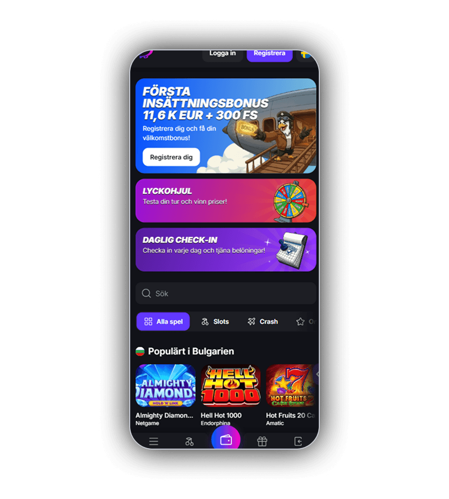 Zeppelins lobby i mobilen med Logga in och Registrera, en svensk flagga, blå banner med texten Första insättningsbonus 11,6 K EUR + 300 FS och knappen Registrera dig, en pilotfågel som håller en BONUS-skylt på luftskeppets trappa, korten Lyckohjul och Daglig check-in, sökfält, flikarna Alla spel, Slots och Crash samt raden Populärt i med Almighty Diamonds, Hell Hot 1000 och Hot Fruits 20