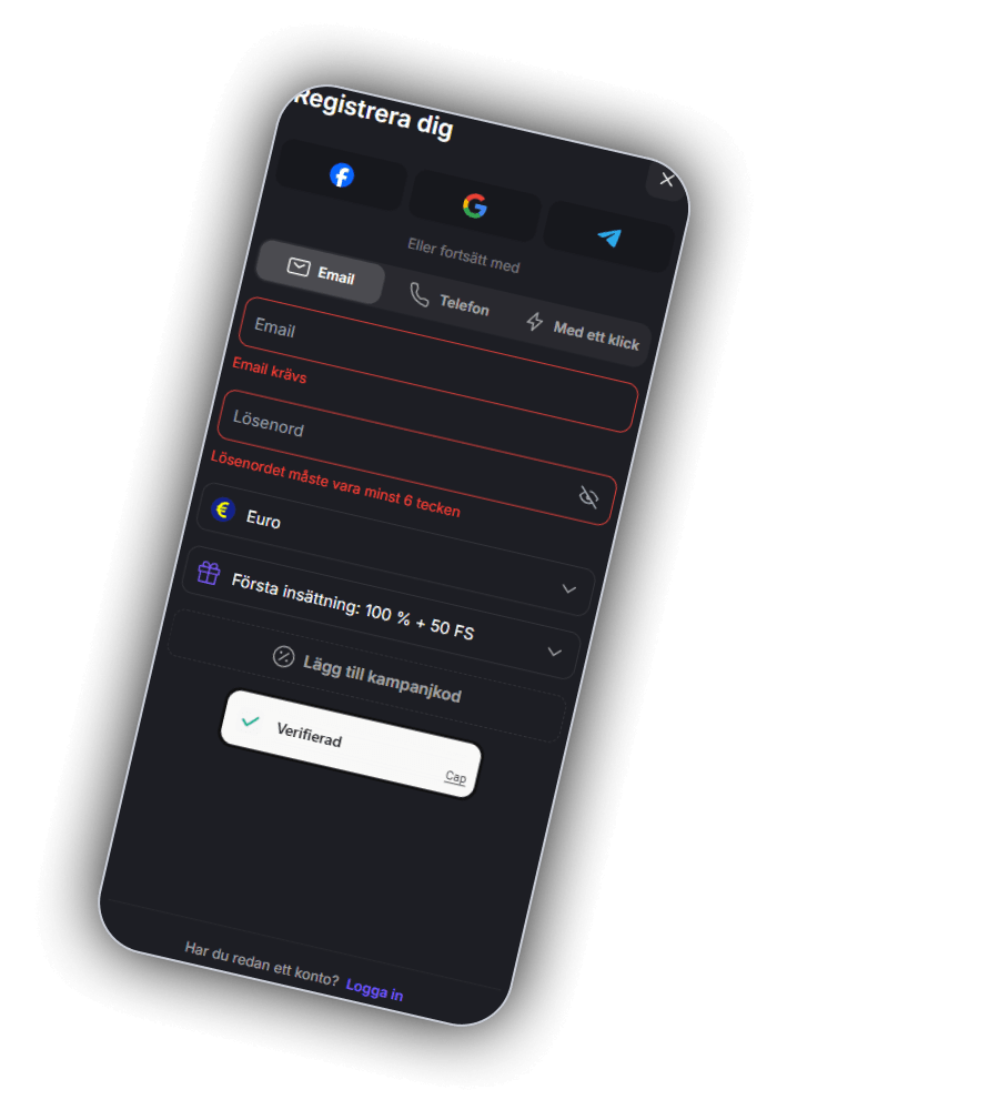 Zeppelins formulär Registrera dig i mobilen med knappar för Facebook, Google och Telegram, texten Eller fortsätt med, flikarna Email, Telefon och Med ett klick, fältet Email med felmeddelandet Email krävs, fältet Lösenord med texten Lösenordet måste vara minst 6 tecken, valutan Euro, raden Första insättning: 100 % + 50 FS, Lägg till kampanjkod, en captcha markerad Verifierad och längst ned Har du redan ett konto? Logga in