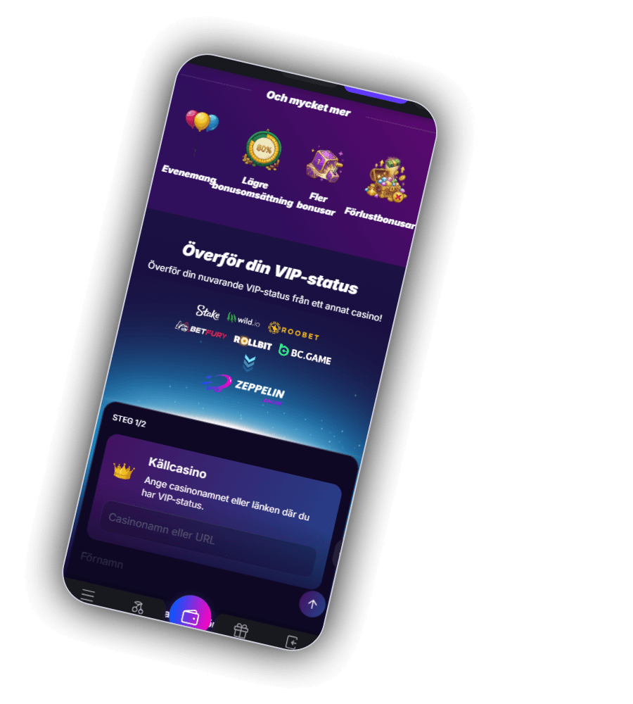 Zeppelins VIP-klubb i mobilen på lila bakgrund med rubriken Och mycket mer och ikonerna Evenemang, Lägre bonusomsättning med ett märke på 60 %, Fler bonusar och Förlustbonusar, därunder Överför din VIP-status med texten Överför din nuvarande VIP-status från ett annat casino, logotyperna Stake, wild.io, Roobet, BetFury, Rollbit och BC.GAME med en pil mot Zeppelin, och formulärsteget STEG 1/2 Källcasino med fältet Casinonamn eller URL och Förnamn